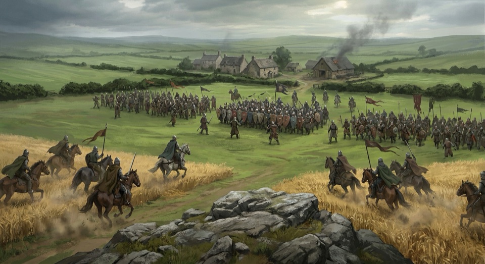 Two armies clashing on green plains