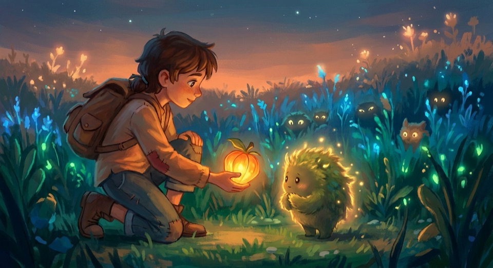 An explorer offering fruit to a glowing wild creature