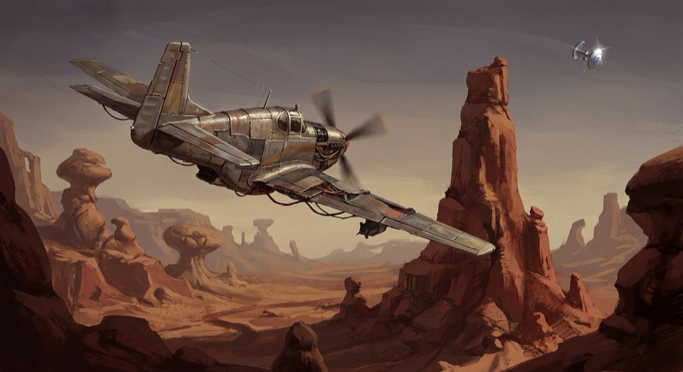 A light aircraft banking over alien canyons