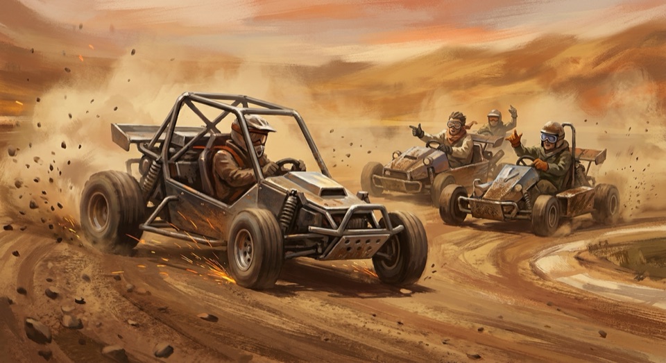Karts drifting through a gravel hairpin