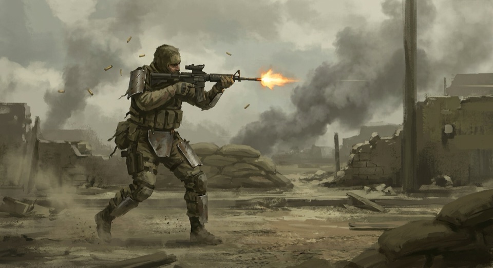 A soldier firing down a dusty street