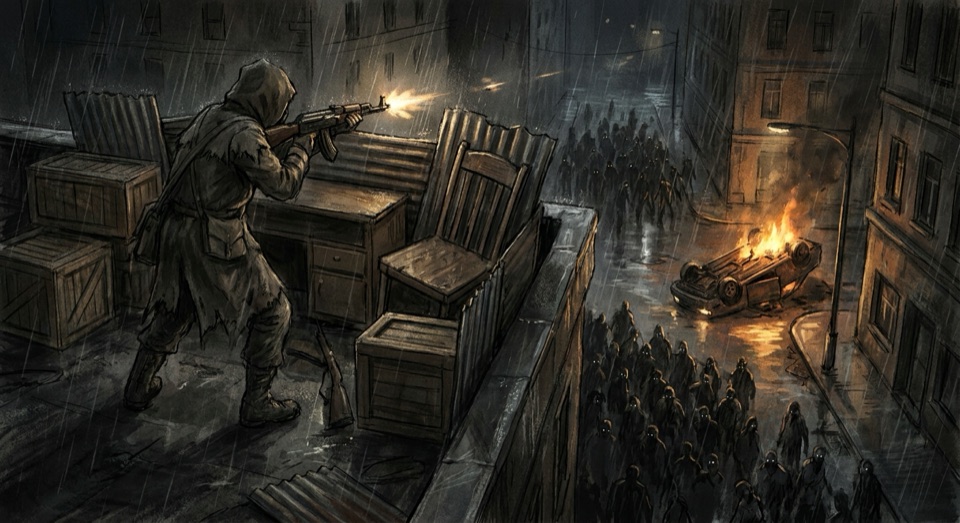 A survivor on a rooftop over a massing horde