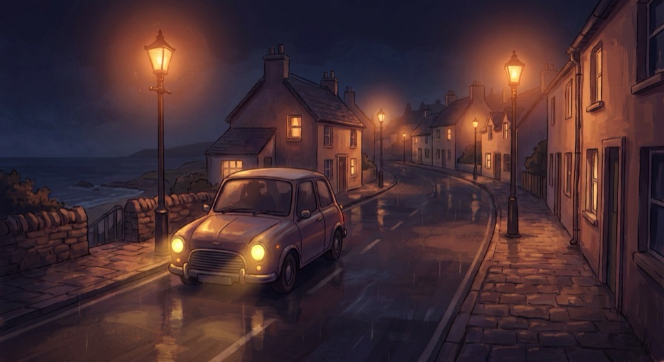 Night drive through a coastal town